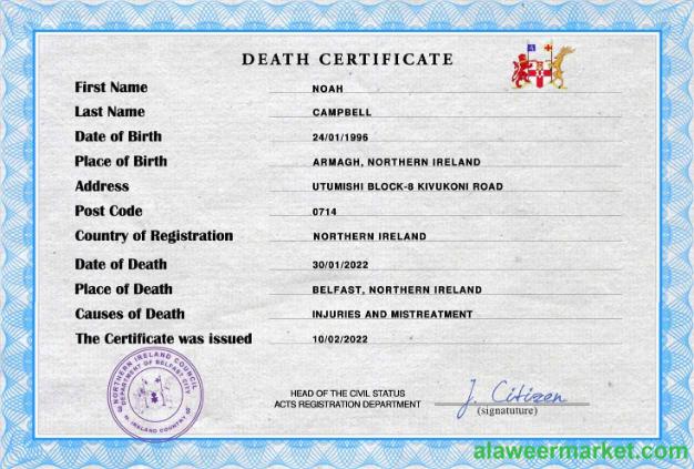 Northern Ireland death certificate PSD template